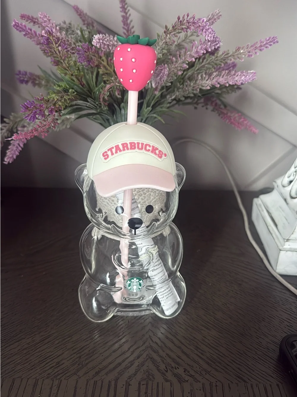 Starbucks Pink & White Strawberry Bear Bottle with Straw